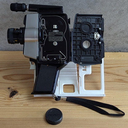 Fujica Single-8 Sound P300 open film compartment with original Fujica lens cap