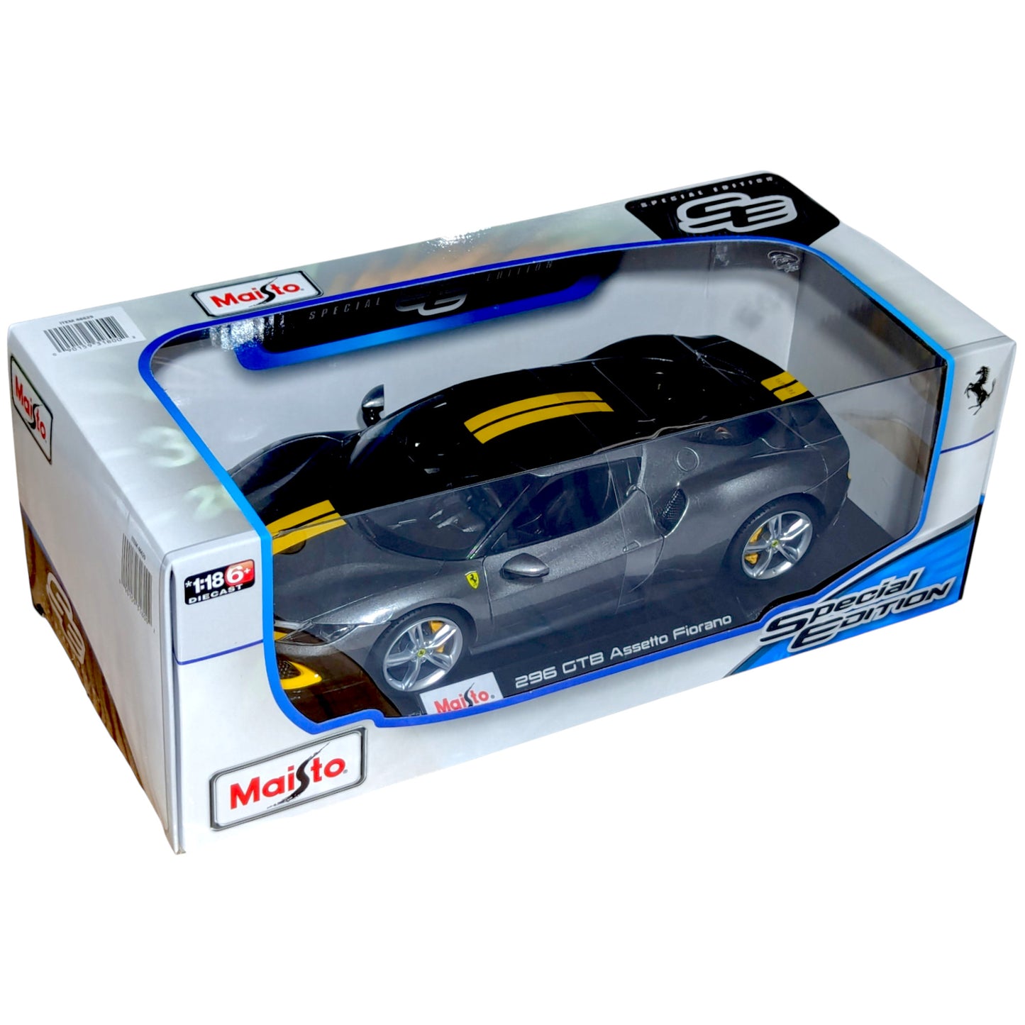 1:18 Maisto - Ferrari 296 GTB Assetto Fiorano - Raya plateada/amarilla (NUEVO) 1/18