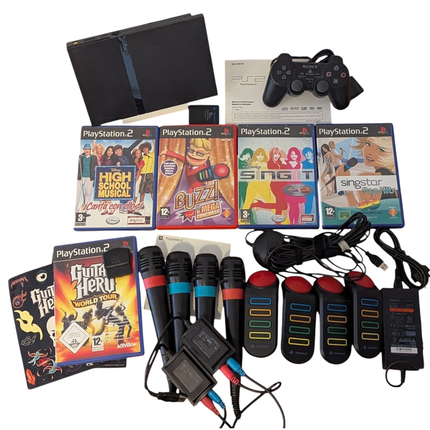 SONY PS2 - Slim BLACK SCPH-77004 - Karaoke/Buzz Set -  Playstation 2 PAL (TESTED)