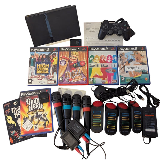 SONY PS2 - Slim BLACK SCPH-77004 - Karaoke/Buzz Set -  Playstation 2 PAL (TESTED)