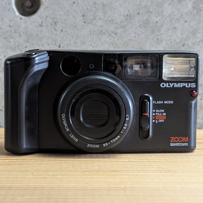 Olympus AZ-1 Zoom front view showing shutter lens surround and flash window