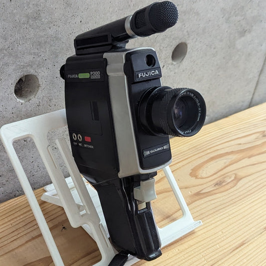Fujica Single-8 Sound P300 vintage cine movie camera isometric view with retracted microphone