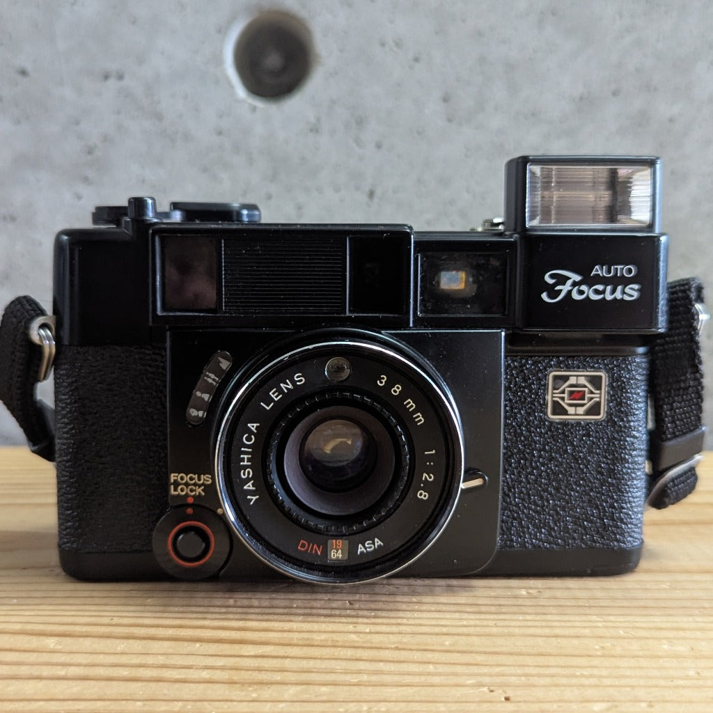 Yashica Auto Focus front view with pop-up flash extended and raised