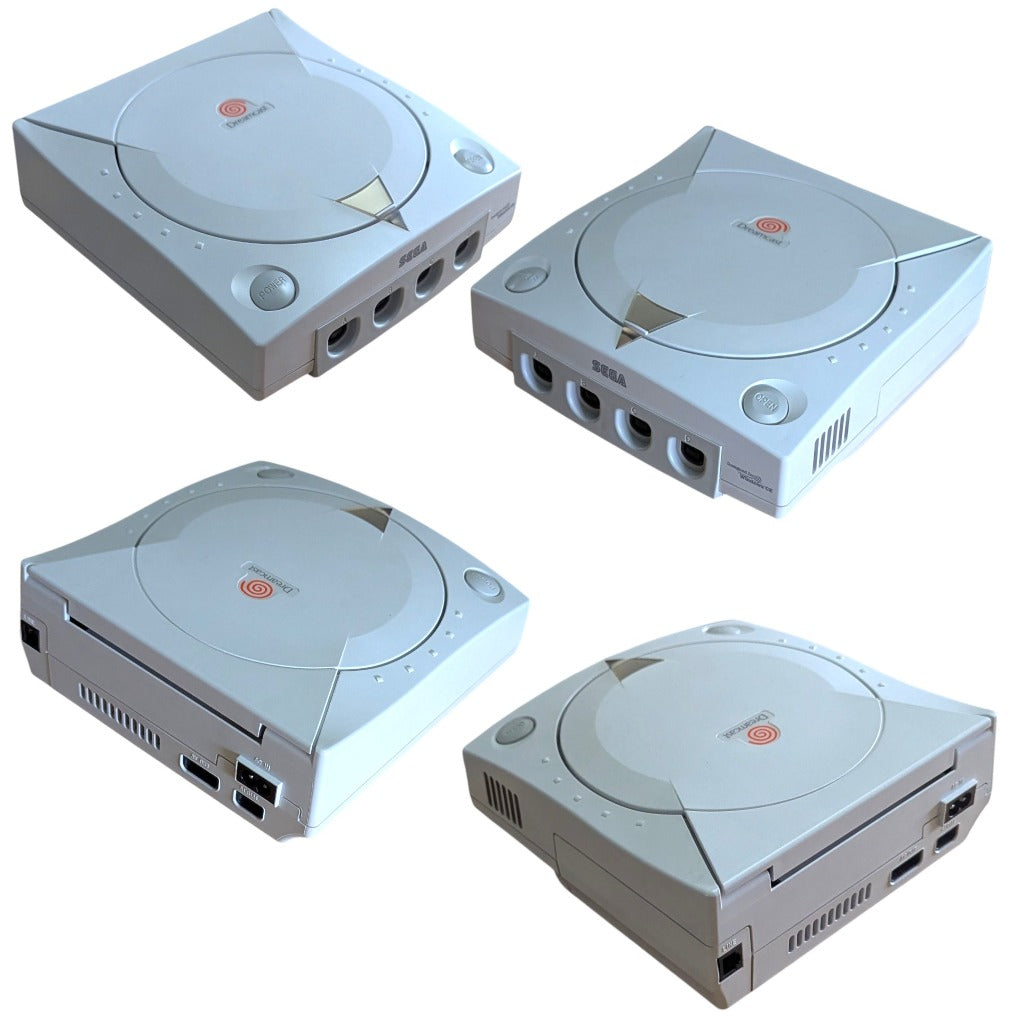 Sega Dreamcast HKT-3000 console isometric views showing crisp white plastic shell without yellowing