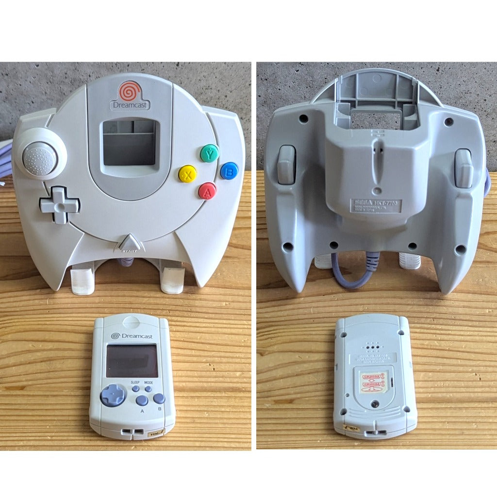 Sega Dreamcast controller HKT-7700 and VMU memory card HKT-7000 front and back view