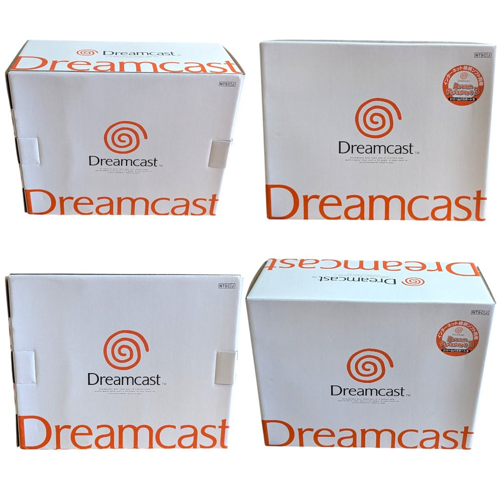 Sega Dreamcast original White Box orthogonal perspectives showing Dream Passport 3 sticker