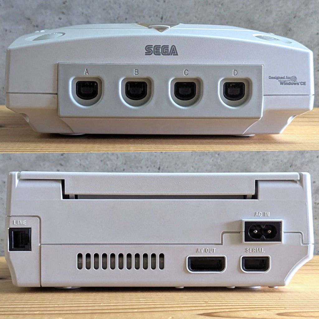 Sega Dreamcast front controller ports A B C D and rear AV OUT SERIAL AC IN ports