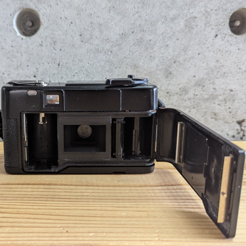 Yashica Auto Focus rear view with open film compartment showing spools and pressure plate