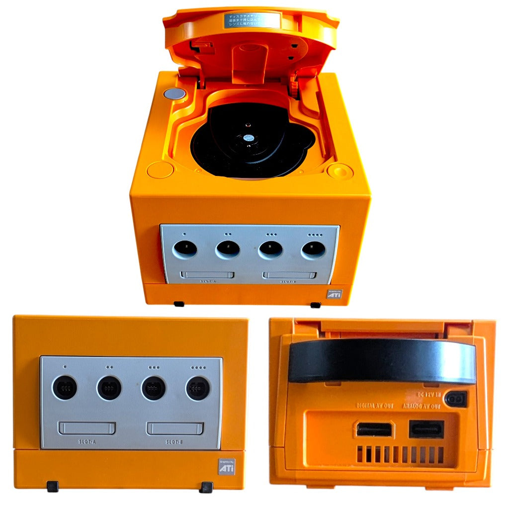 Nintendo GameCube Spice Orange Open Disc Tray Front Controller Ports and Rear Digital AV Out Ports