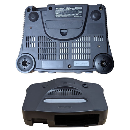 Bottom base of Nintendo 64 Charcoal Grey console showing model NUS-001 JPN and serial sticker NUJ11190232