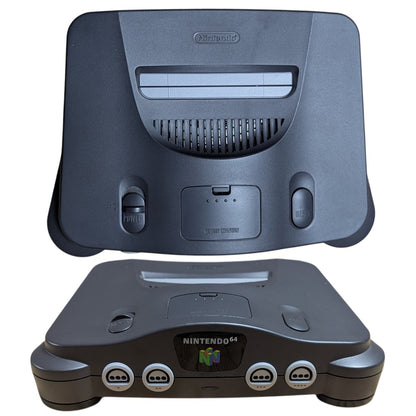Front and top split view of Nintendo 64 Charcoal Grey console NUS-001 JPN