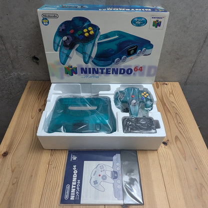 Opened Nintendo 64 Clear Blue complete boxed set with styrofoam tray controller cables and Japanese manual