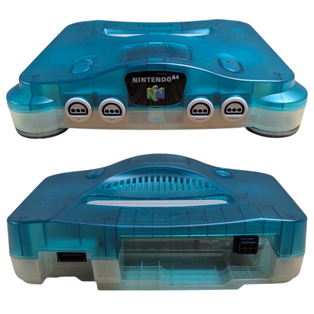 Front and rear view of Nintendo 64 Clear Blue console showing controller ports power switch and multi-out AV port