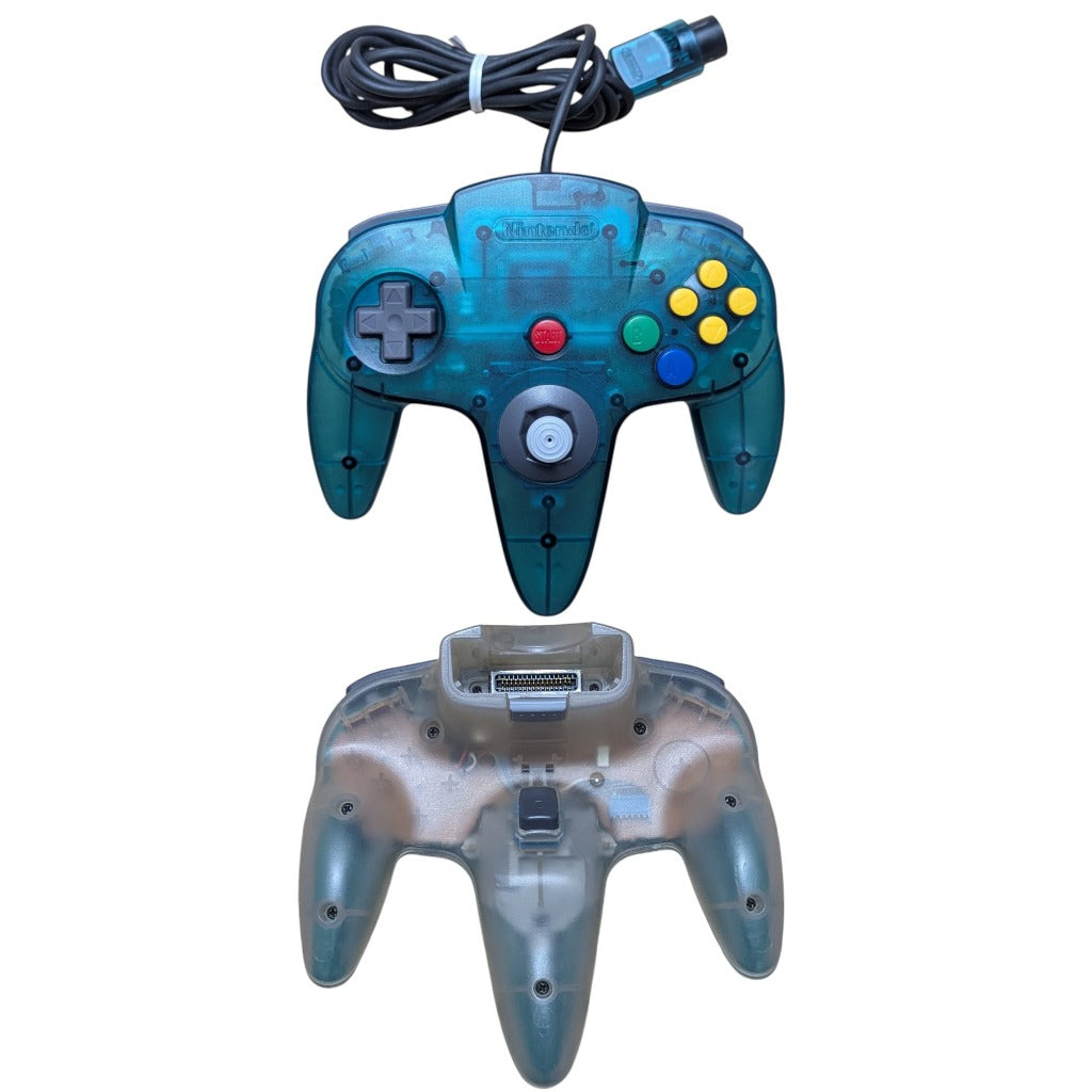 Original Nintendo 64 Clear Blue OEM controller front and back view with tight firm analog thumbstick NUS-005