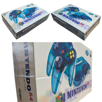 Multiple perspective angles of Nintendo 64 Clear Blue original Japanese outer retail box barcode 4902370504494