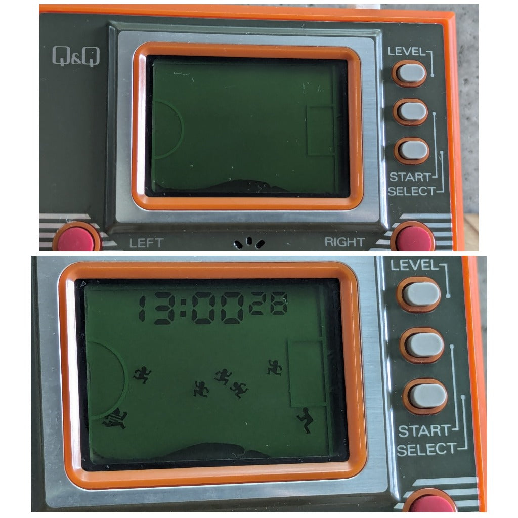 Q&Q Soccer LCD Screen Active Clock Display 13 00 28 and Powered Off Screen